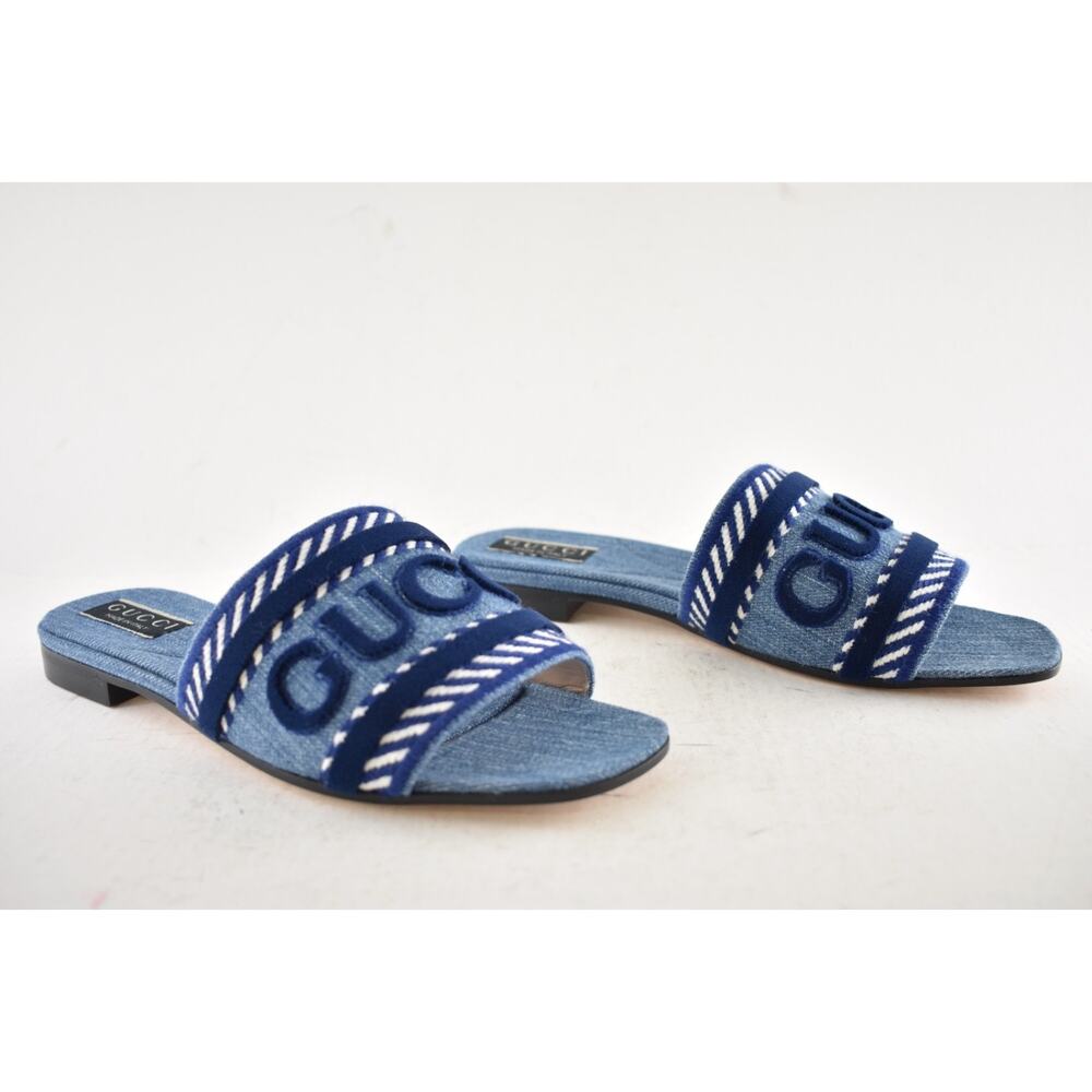 Gucci Jane Light Blue Denim Velvet Logo Mule Flat Slide Slip On Sandal 37 - Picture 4 of 16